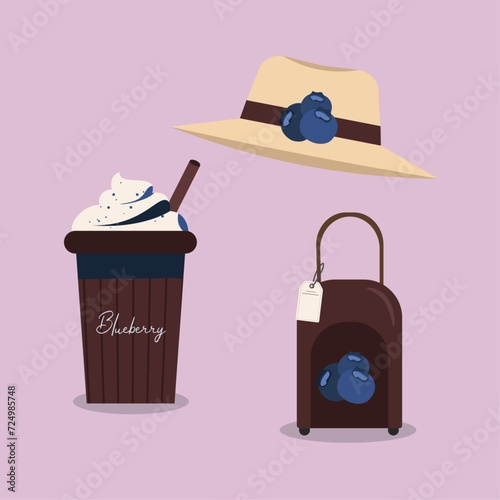  Flat Design Blueberry Illustration with Hat, Milkshake, Valise, Sale Tag