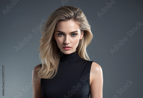 Artistic woman portrait against abstract backdrop. Chic fashion theme featuring elegant female in black attire.