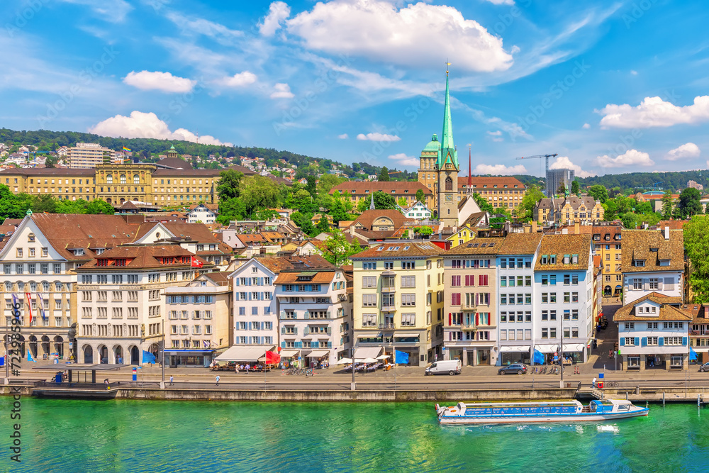 Aerial view on the Preacher's Church Tower and promenade of Zurich, Switzerland