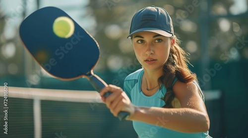 Young woman playing pickle ball at the outdoor pickle ball court. © Jasper W