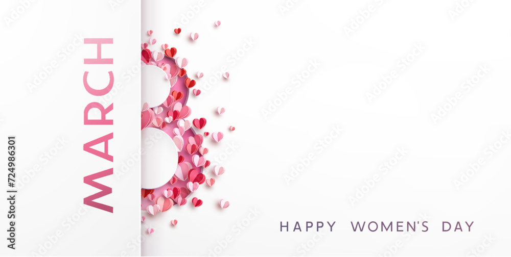 Women's Day greeting card or banner with pink cut eight number and flying paper hearts. Vector 8 March international holiday template for poster, cover, label, sales - obrazy, fototapety, plakaty 