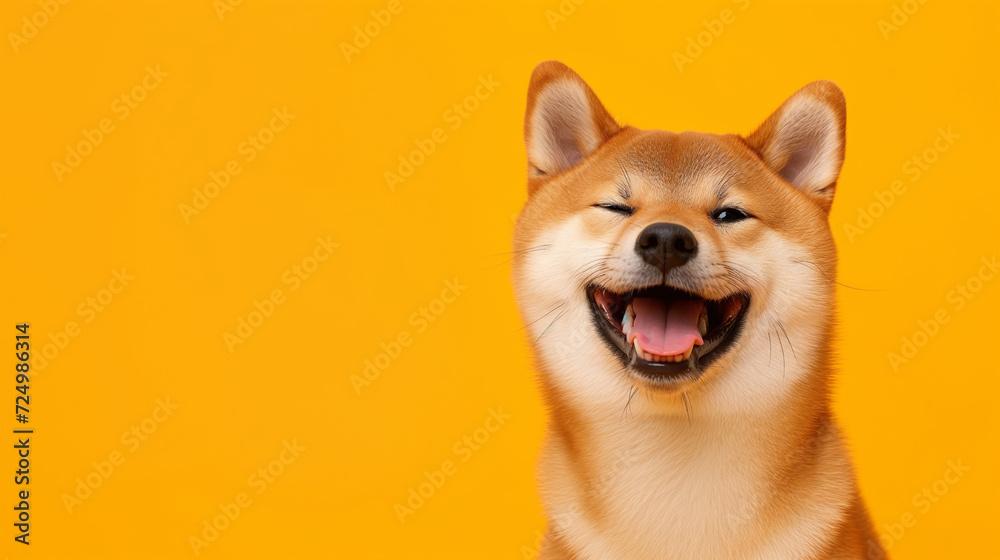 Happy smiling shiba inu dog isolated on yellow orange background with ...
