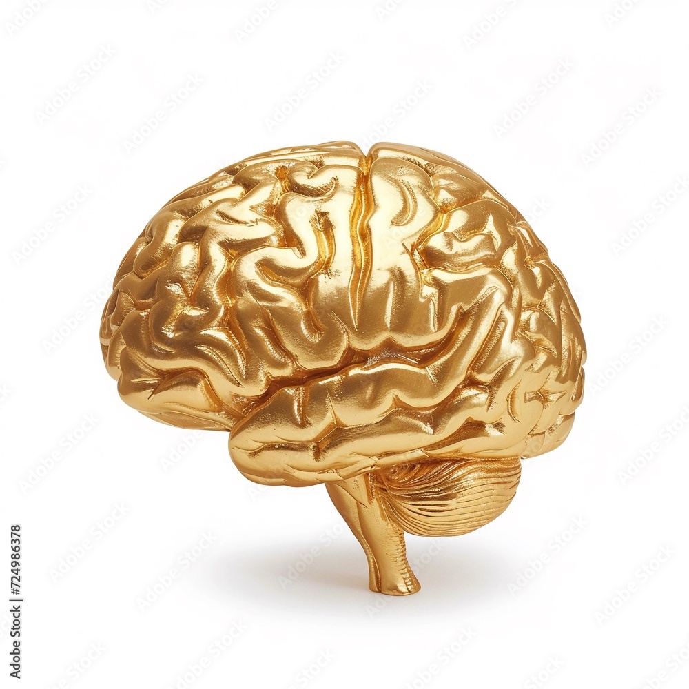 Golden human brain isolated on white background, 3d model or sculpture of brain on white. Golden human brain isolated on white background, 3d model or sculpture of brain on white.