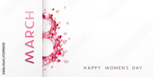 Women's Day greeting card or banner with pink cut eight number and flying paper hearts. Vector 8 March international holiday template for poster, cover, label, sales