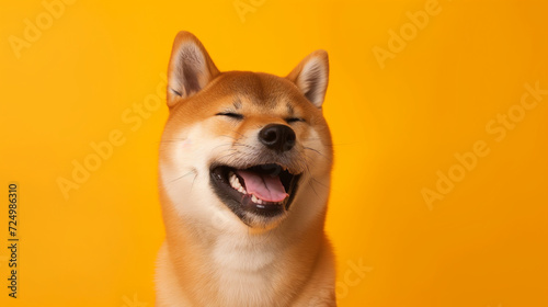Happy smiling shiba inu dog isolated on yellow orange background with copy space. Red-haired Japanese dog smile portrait © JW Studio