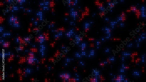 Abstract red blue glowing small data particlespoints on black background. Network dots lapping. Artificial Intelligence.LED screen and projector, glamour and fashion event