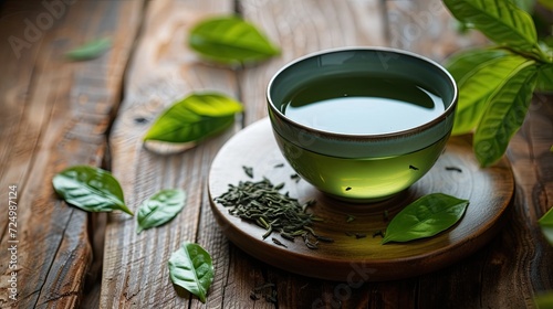 cup of green tea on a wooden table with a leaf and natural background.