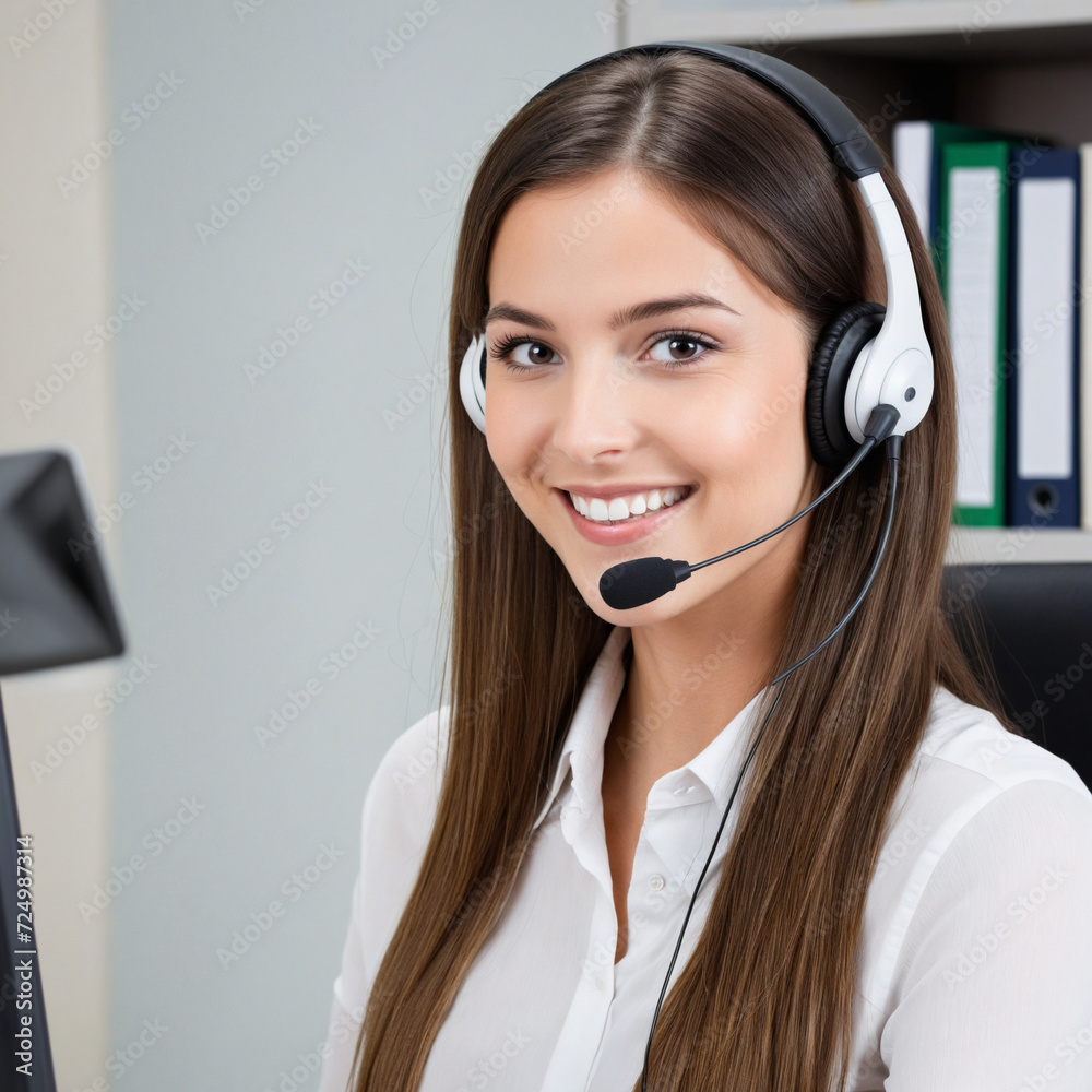 Customer service representative, cheerful woman assisting customers using CRM, headset with microphone, and mockup area. Telemarketing and sales support with friendly female consultant.