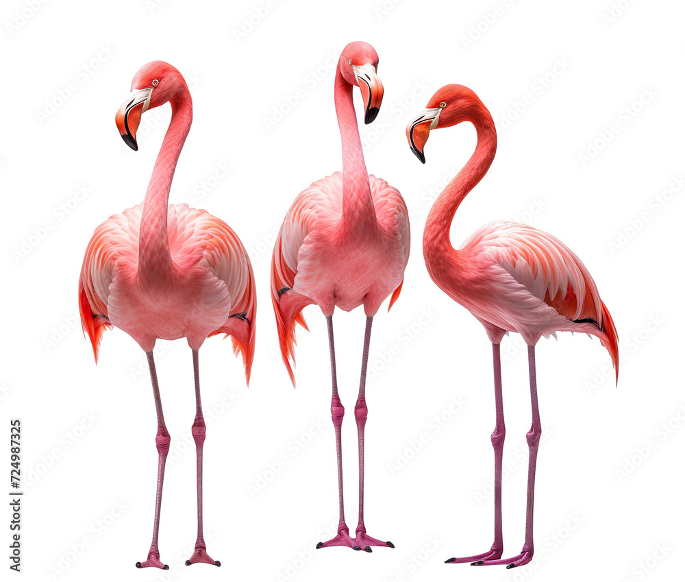 Gracefully standing three elegant pink flamingos, cut out