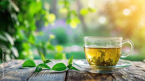 cup of green tea on a wooden table with a leaf and natural background.