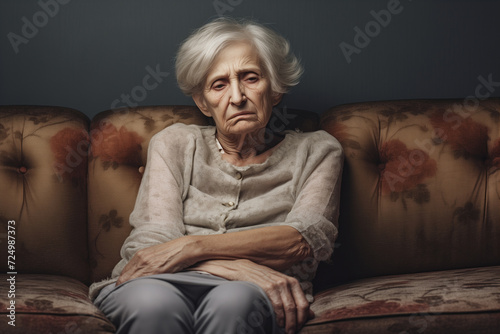 Sad tired ill sick lonely disappointed old elderly senior woman. Grandmother sitting on the sofa couch, feeling nostalgia, pain, missing grandchildren © Olivia