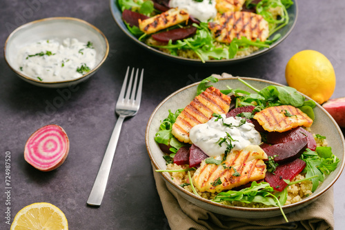 Vegetarian Grilled Halloumi Quinoa Salad with Beetroot. Healthy Mediterranean Food Concept.