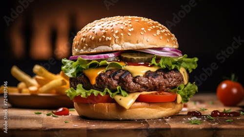 Cheese burger - American cheese burger with Golden French fries on wooden table photo