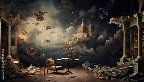 A Room in a state of disarray, with books scattered on the floor. A small table with a single open book. Walls adorned with classical paintings adds a classical aesthetic.