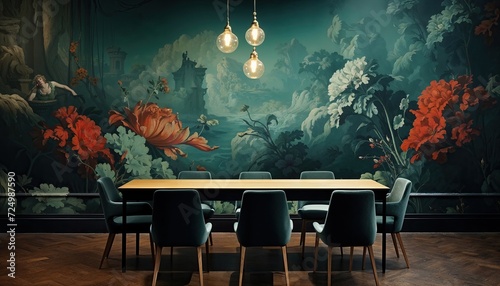 Beautifully decorated dining room. The room features a large, wooden dining table surrounded by chairs with a modern design. The walls are adorned with vibrant and detailed murals. 