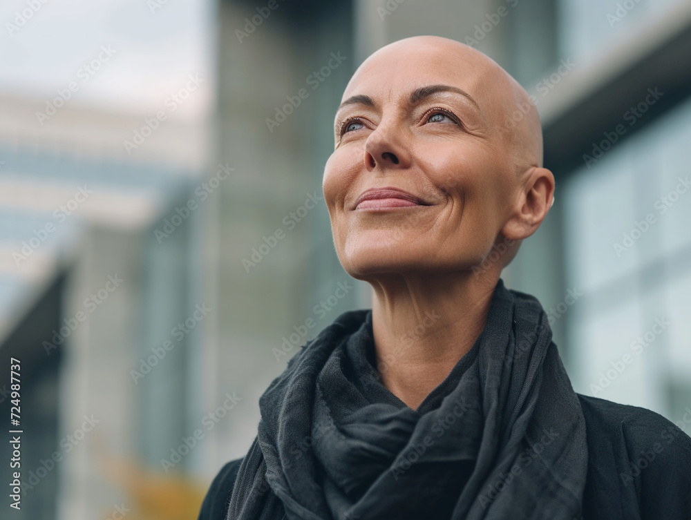 Fototapeta premium Portrait of a bald happy woman cured of cancer.