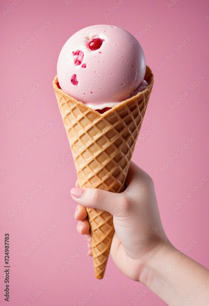 Hand with pink ice cream cone Hand with pink ice cream cone