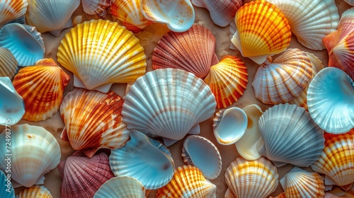 A bunch of colorful bright shells, clam shells and marine life