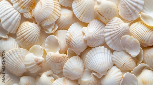 A bunch of light beige shells, clam shells and marine life