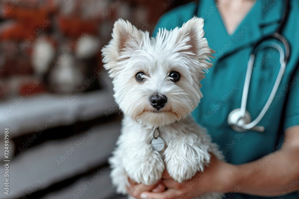 Veterinarian Holding a Cute White West Highland Terrier Generative AI image Veterinarian Holding a Cute White West Highland Terrier Generative AI image