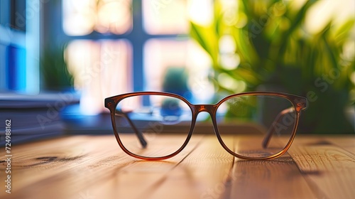 brown glasses on a wooden table in an office setting, conveying the concept of relaxation and eye protection during work breaks