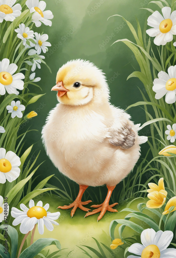 Little chick and spring blooms on a watercolor Easter card.