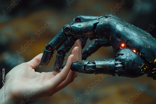 Human hand touching a robotic hand in a symbolic gesture Generative AI image photo