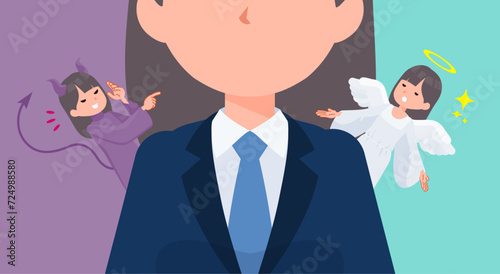 天使と悪魔の間で葛藤する紺ブレザー女子学生のセット