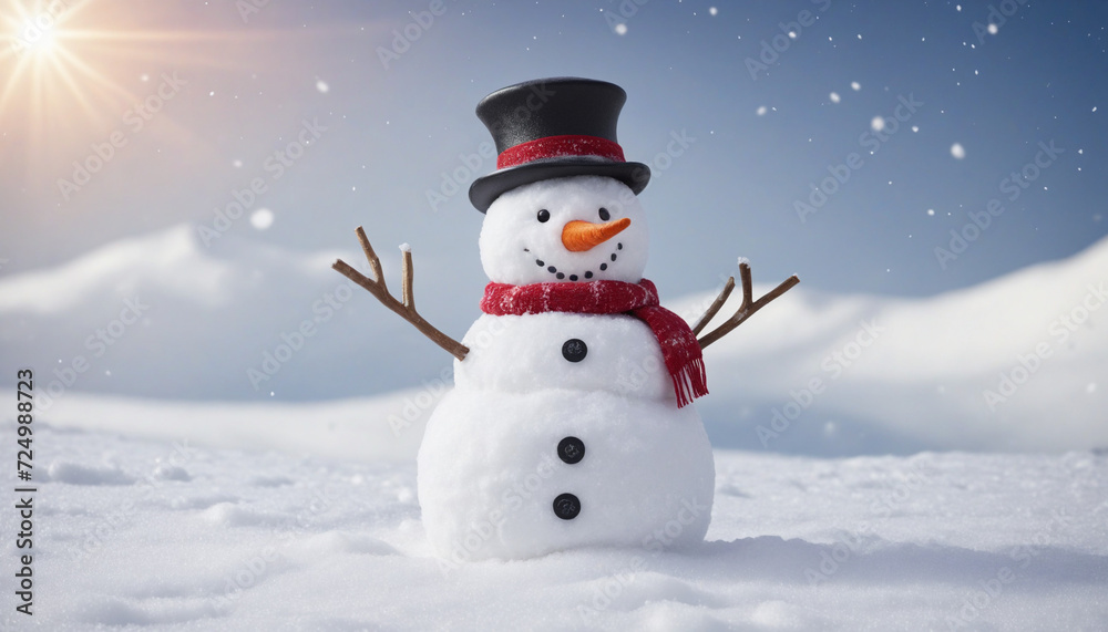 Obraz premium Winter greeting card with happy snowman and space for your message