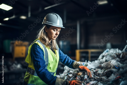 Female worker sorting waste at recycling plant Generative AI image