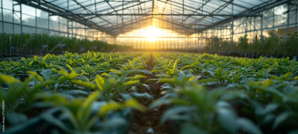 Rows of crop seedlings in a greenhouse. Agricultural plants grow in ideal conditions and protected from extreme weather. Smart farming, innovative organic agriculture.