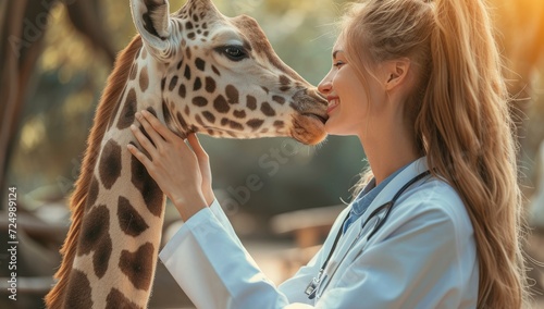 Veterinarian examining giraffe in outdoor zoo © Meow Creations