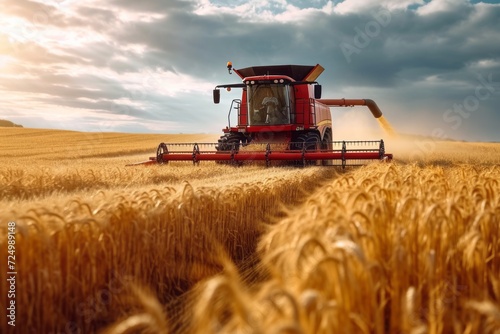 Front view of modern automated combine harvesting wheat ears on a bright summer day. Grain harvester in a vast golden wheat field. Blue cloudy sky with bright sun in the background.