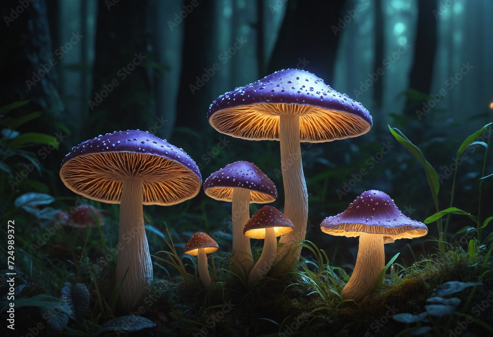 Fototapeta premium Enchanted mushroom artwork. Luminescent fungi against a dark backdrop. Created with computer software.