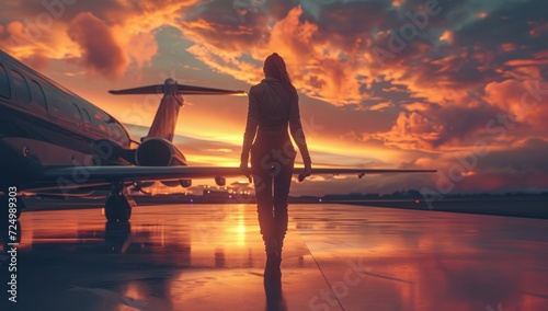 Woman walking towards airplane at sunset