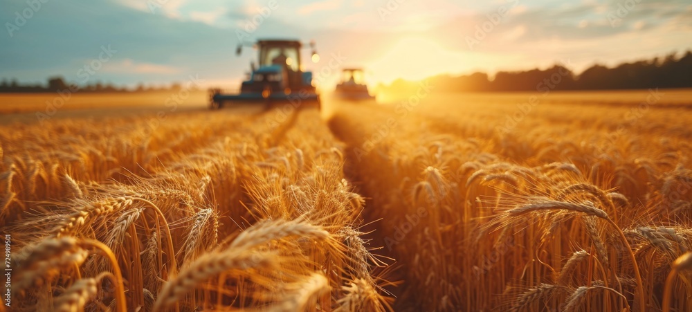 Front view of modern automated combine harvesting wheat ears on a bright summer day. Grain harvester in a vast golden wheat field. Blue cloudy sky with bright sun in the background. - obrazy, fototapety, plakaty 