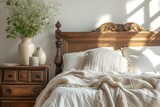 Rustic elegance meets modern comfort with vintage bedside nightstand near wooden bed. Experience farmhouse, country, and Provence interior design in this inviting bedroom setting.