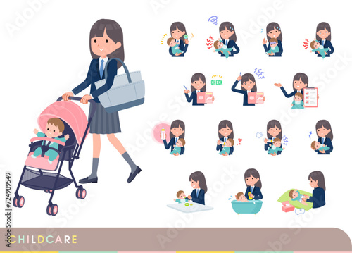 赤ちゃんのお世話をする紺ブレザー女子学生のセット