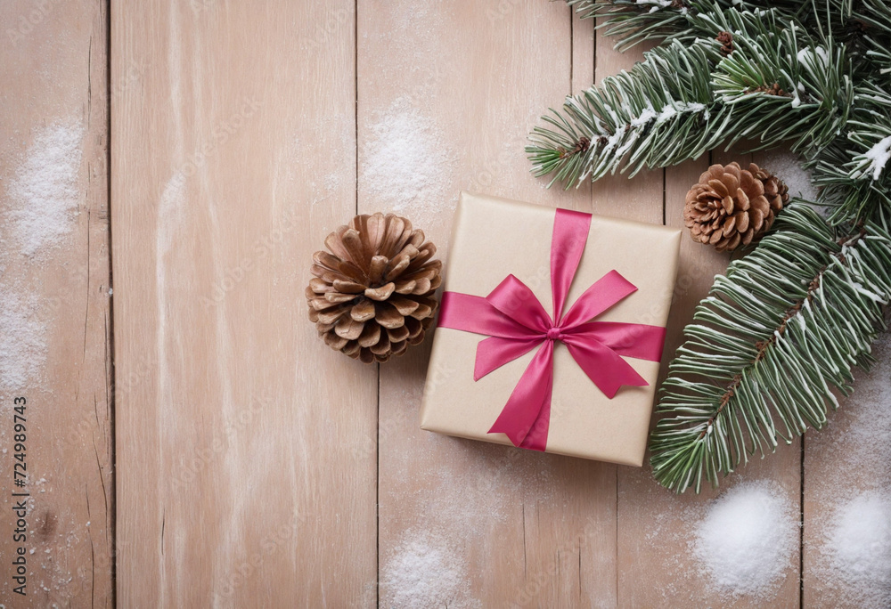 Festive Christmas Present with Pink Ribbon and Pine Cones on Snowy Wooden Table