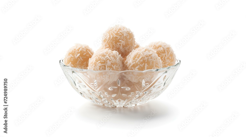 Delicious coconut candies in glass bowl on white background, closeup Delicious coconut candies in glass bowl on white background, closeup