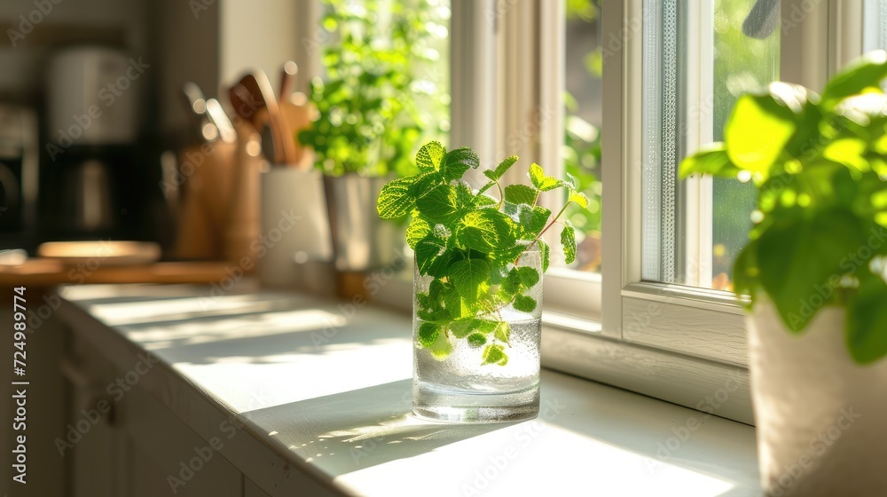 green mint leaves contained in a glass, bathed in natural light on a kitchen white windowsill, offering a serene, scene that evokes the essence of homegrown herbs and culinary inspiration. green mint leaves contained in a glass, bathed in natural light on a kitchen white windowsill, offering a serene, scene that evokes the essence of homegrown herbs and culinary inspiration.
