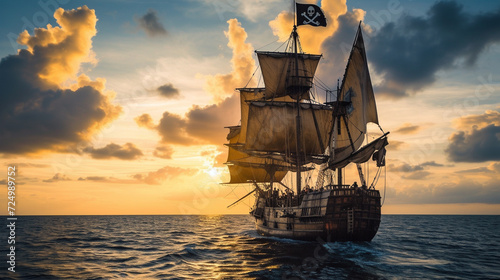A pirate ship sailing the Caribbean Sea during the golden age, with the Jolly Roger flag billowing, as swashbuckling buccaneers prepare for a treasure hunt, embodying the adventure and legend photo