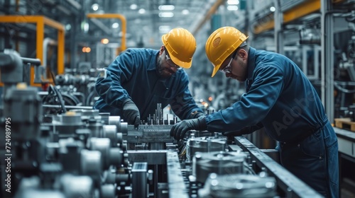 Two male workers in uniform, safety helmets and gloves supervise the assembly process of complex mechanical devices in a modern high-tech industrial plant. photo