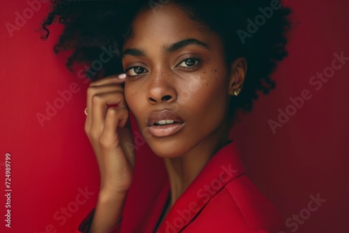 Close up portrait of a young African American woman wearing a red jacket on a red studio background. Beautiful sexy black model with afro hairstyle touches her face with her hand. Glamor and fashion.