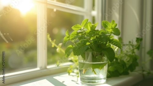 green mint leaves contained in a glass, bathed in natural light on a kitchen white windowsill, offering a serene, scene that evokes the essence of homegrown herbs and culinary inspiration.