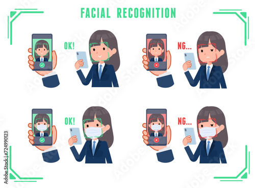 スマホで顔認証をしている紺ブレザー女子学生のセット