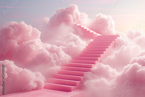 Stairs to heaven, Infinite white cubic stairs in the clouds, studio shoot on neutral soft pink background, clean and simple layout