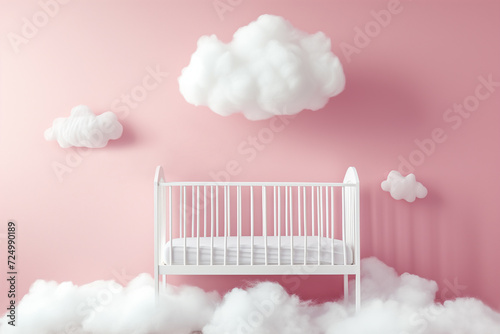 White crib on clouds on a neutral pink background