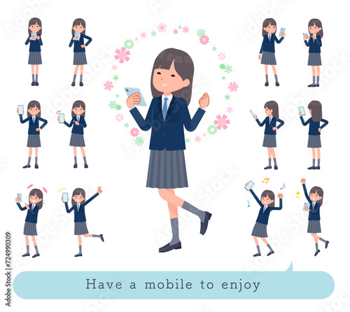 スマホを使って楽しむ紺ブレザー女子学生のセット