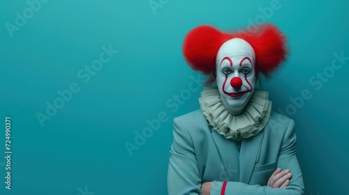 Photo of a Clown in Contrasting Red and White, Set Against a Monochromatic Teal Background, Exuding Complexity Beyond Traditional Joviality - Perfect for Bold Artistic Expressions 
